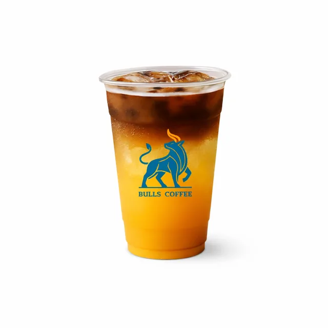 Orange Americano in a Bulls Coffee cup